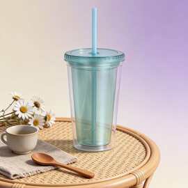 透明双层吸管杯便携提手方便外出携带通勤塑料水杯