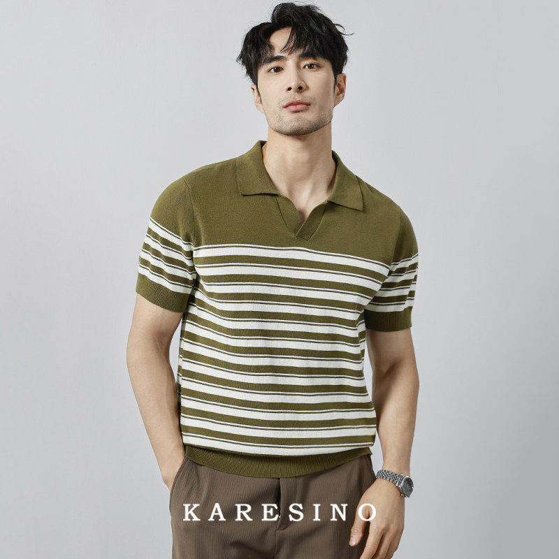 Polo camiseta de punto camiseta de manga corta hombre V-collar gaviota rayas viejas camiseta de hielo de viento de verano fábrica transfronteriza al por mayor