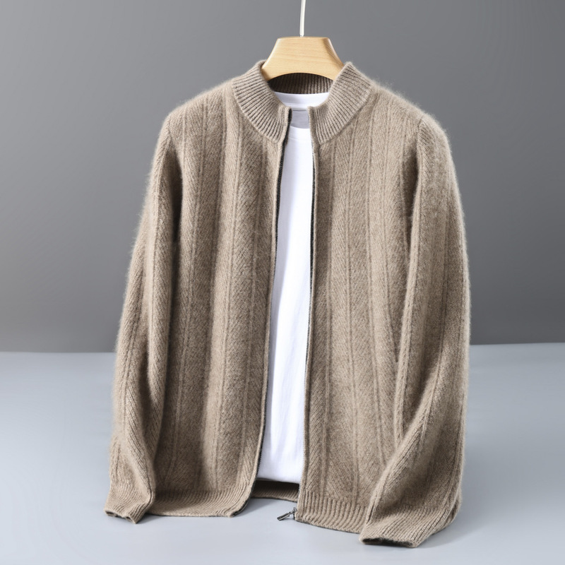100% Pure Wool Knitted Jacket Men's Wheat Ear Jacquard Business Casual Stand Collar Zipper Cashmere Cardigan Loose and Versatile