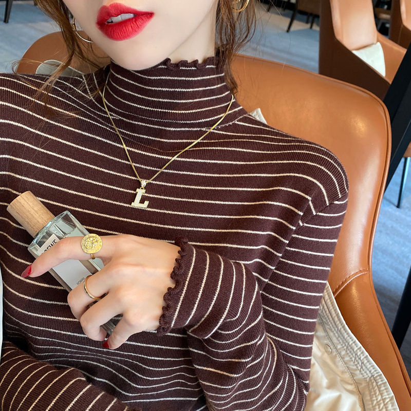 [4 Colors] Threaded Velvet Stripesd Half Turtleneck Long-Sleeved T-Shirt Bottoming Shirt for Women with Fungus Edge Top for Women