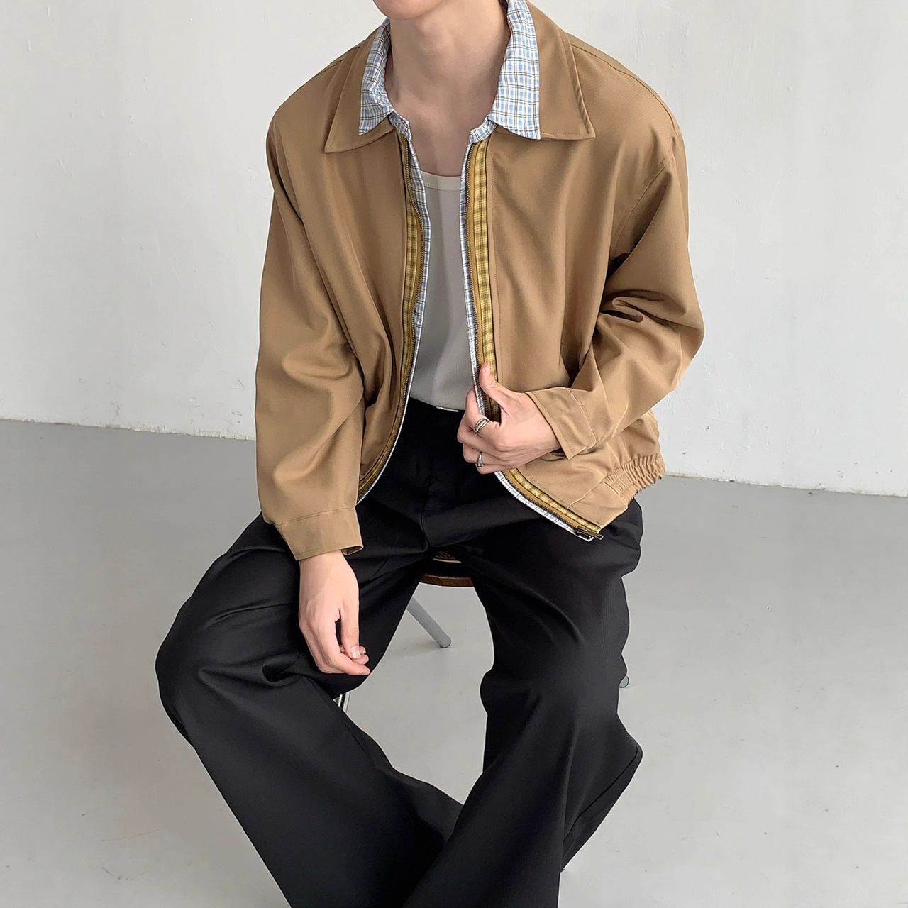 Spring, Autumn and Winter Plaid Stitching Cleanfit Jacket Loose Design Niche High-End Silhouette Jacket for Men and Women