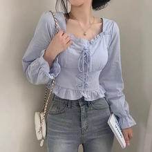 2024早秋韩版法式方领系带长袖衬衫女修身显瘦别致上衣女