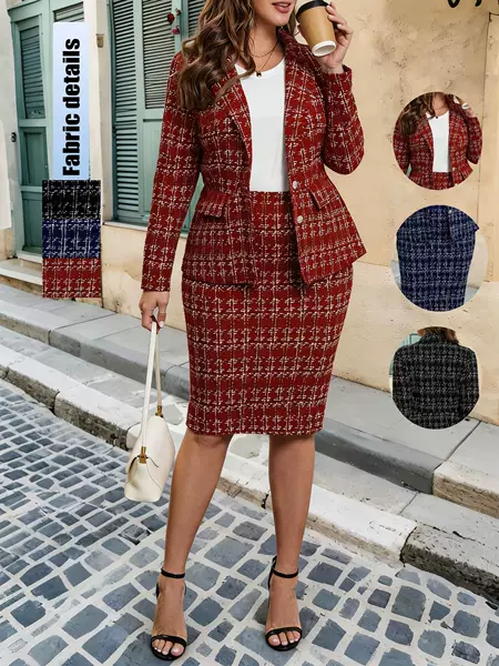 Cross-Border Plus-Size Chanel-Style Suit Set, Plaid Jacket and Skirt Two-Piece Set, Professional Workwear Amazon