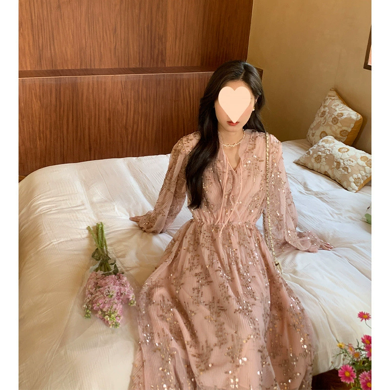 Розовое платье для женщин 2025 весна новый стиль фонарные рукава плиссированное платье с пайетками принцесса фея юбка шифоновое платье