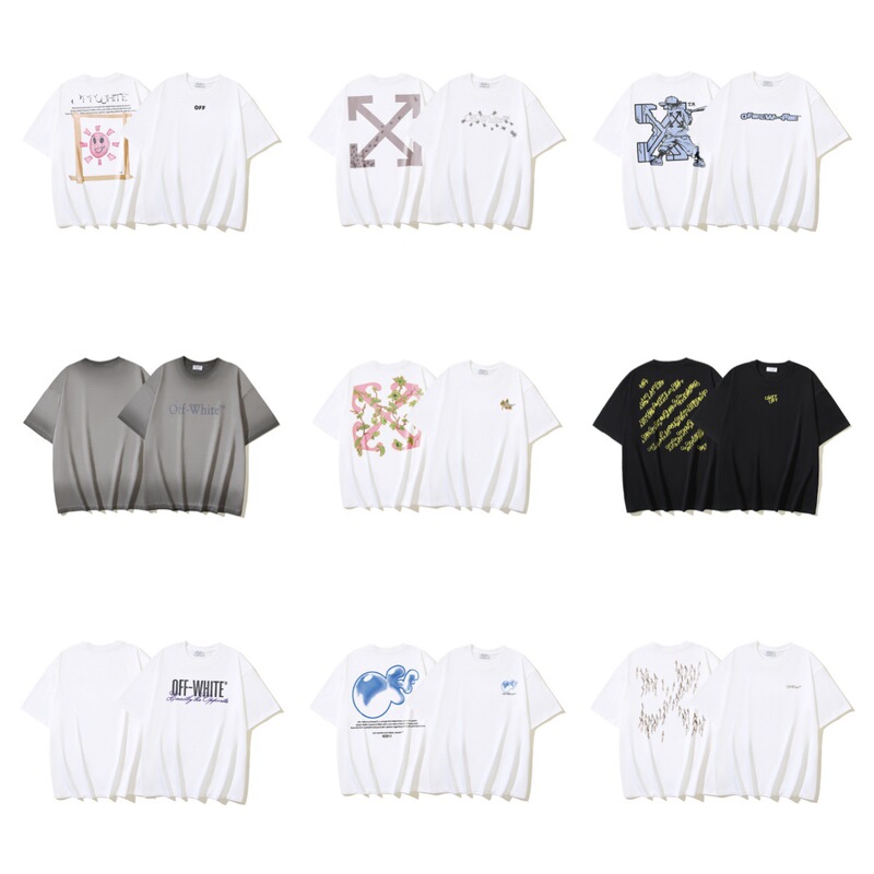 Cross-Border Off White Multi-Pattern Short-Sleeve Loose Heavyweight Pure Cotton Unisex Street Fashion Brand T-Shirt Wholesale