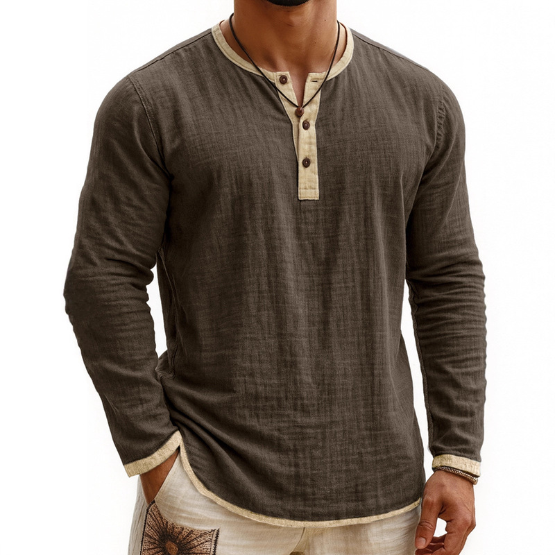 Summer European and American Cross-Border Men's Digital Printed Two-Color Henley Shirt 3-Button Men's Casual Long Sleeves