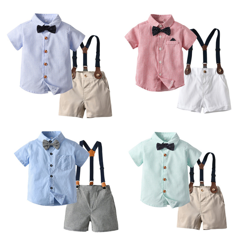 2025 Summer Striped Bow Short Sleeve Cardigan Suspender Shorts Korean Style Medium and Large Children's Performance Dress Suit Wholesale 2025 Summer Striped Bow Short Sleeve Cardigan Suspender Shorts Korean Style Medium and Large Children's Performance Dress Suit Wholesale