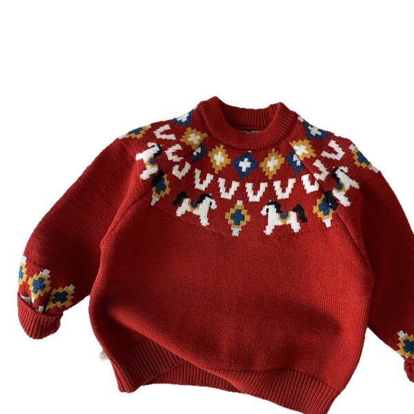 Children's festive cartoon knitted red sweater for men and women