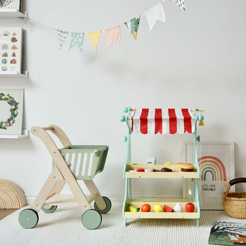 Children's Wooden Commissary Supermarket Fruit Cake Bread Sale Shelf Push Shopping Cart Kindergarten Play Home