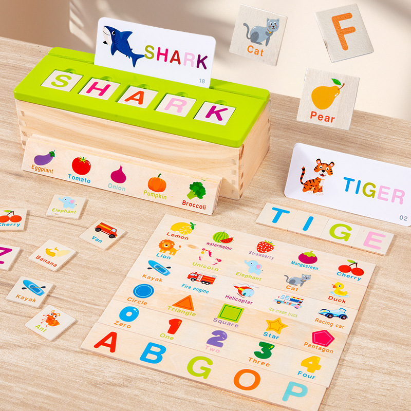 Nuevo conocimiento de la caja de clasificación de palabras inglesas frutas digitales cognición de la educación temprana caja de emparejamiento iluminación puzzle juguetes de madera image 3