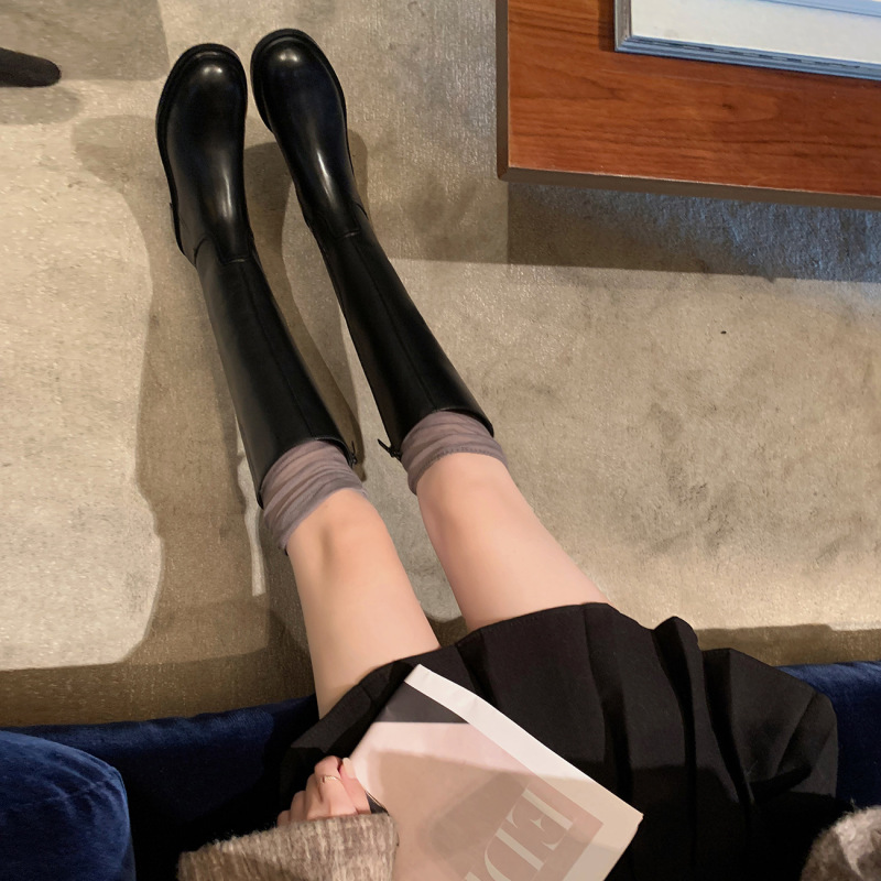 牛皮版显瘦靴子长靴女秋冬低跟侧拉链骑士靴长筒靴真皮高筒机车靴|undefined