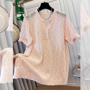 Summer New Breathable Thin Knit T-Shirt Top for Women, Plus Size, Loose and Slimming, Solid Color Versatile and Stylish
