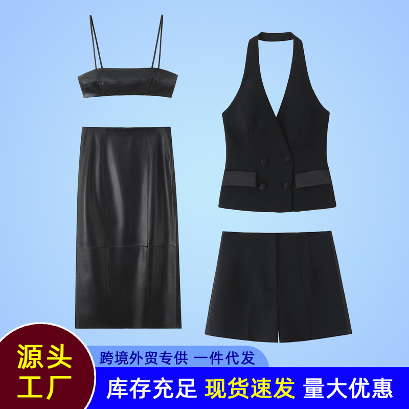 2026 Aliexpress Za Women's Leather Tube Top Skirt Halter Neck Tuxedo Vest Shorts Set Two-Piece Set