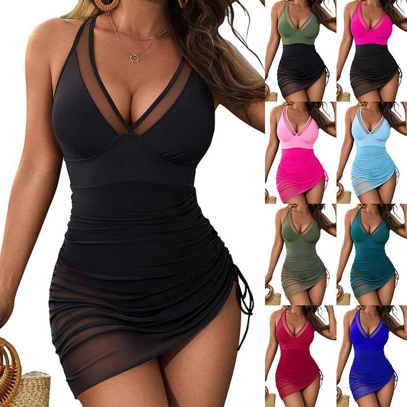 Traje de baño de falda de una pieza ajustado transfronterizo europeo y americano para mujer nuevo traje de baño de costura de malla de estilo caliente de Amazon para mujer