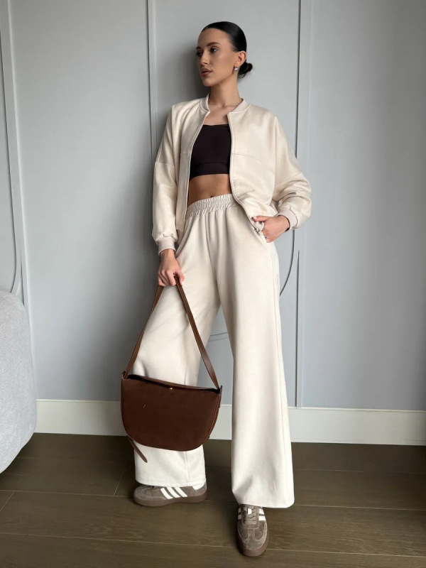 跨境休闲欧美女士麂皮绒套装纯色长袖拉链开衫外套松紧腰裤二件套|undefined