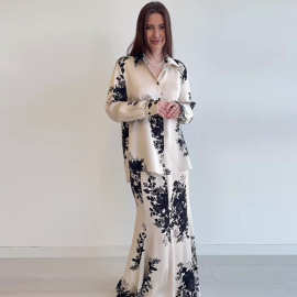 亚马逊爆款女装欧美新款缎面印花时尚长袖翻领衬衫半身裙两件套