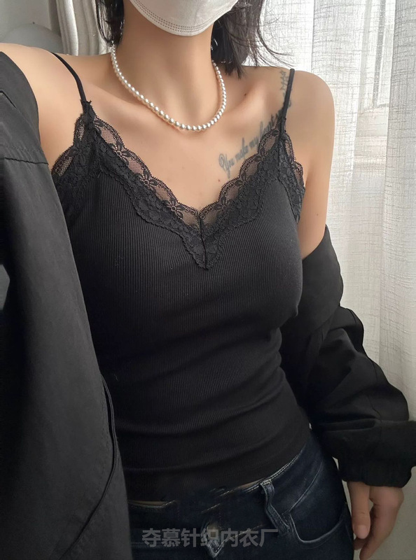 新款V领蕾丝花边吊带背心细肩带中长款美背背心女内搭显瘦固定杯|undefined