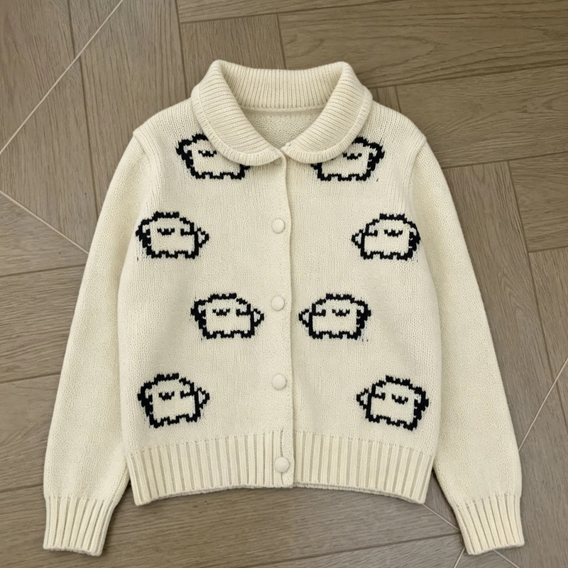 Korean-style artistic lapel dog jacquard sweater cardigan for women, 2026 new autumn and winter versatile knit cardigan 1634 Korean-style artistic lapel dog jacquard sweater cardigan for women, 2026 new autumn and winter versatile knit cardigan 1634