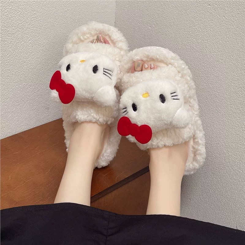 Стильные меховые тапочки KT Cat для женщин, которые можно носить на улице, новинка осени и зимы 2024 года, универсальные модные теплые хлопковые тапочки, тренд