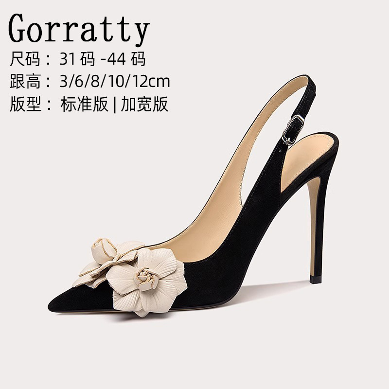Fattened Widened Design Flower High Heels Women's French-style Empty Rear Sandals Black plus size Women's Shoes 41 to 44 Genuine Leather