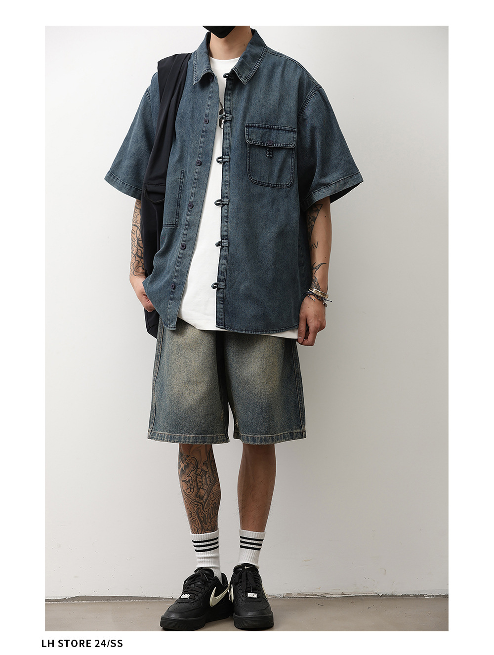 1 Denim Short Sleeve Summer New Chinese Niche Design Button Dark Blue Shirt Men's National Style Jacket Trendy_voghion.com
