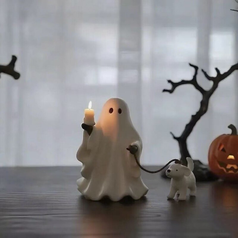 跨境新款Ghost & Pup Candle Holder幽灵牵小狗烛台万圣节小雕像|undefined