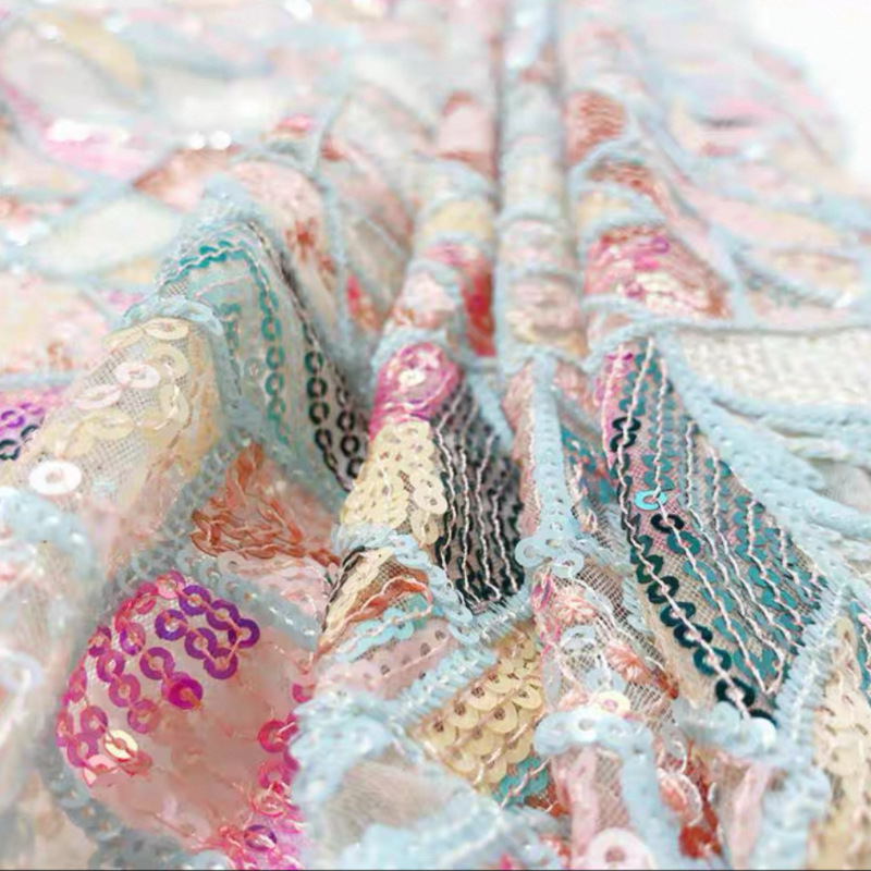 重工绚丽糖果色不规则几何刺绣亮片礼服时装设计师面料