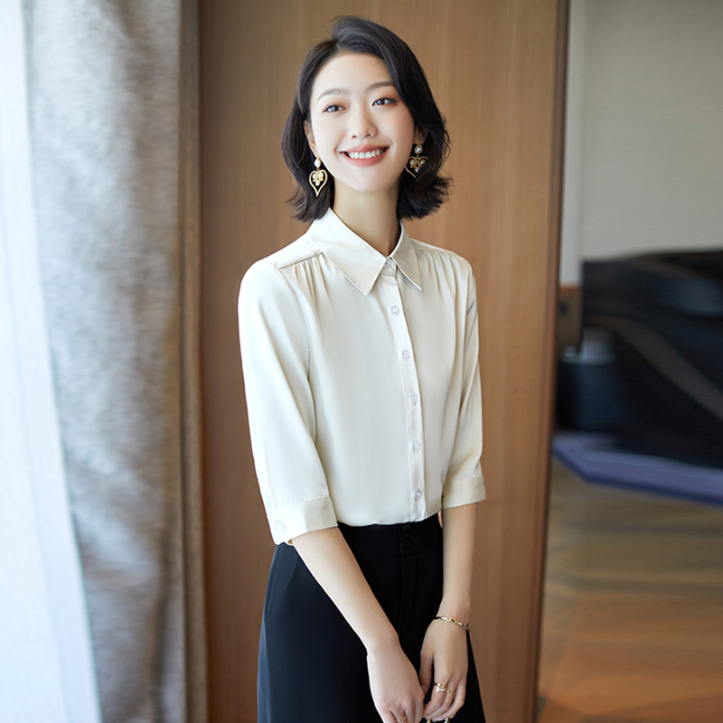 七分袖教资面试衬衫女夏新款白色雪纺衬衣简约显瘦职业半袖白上衣