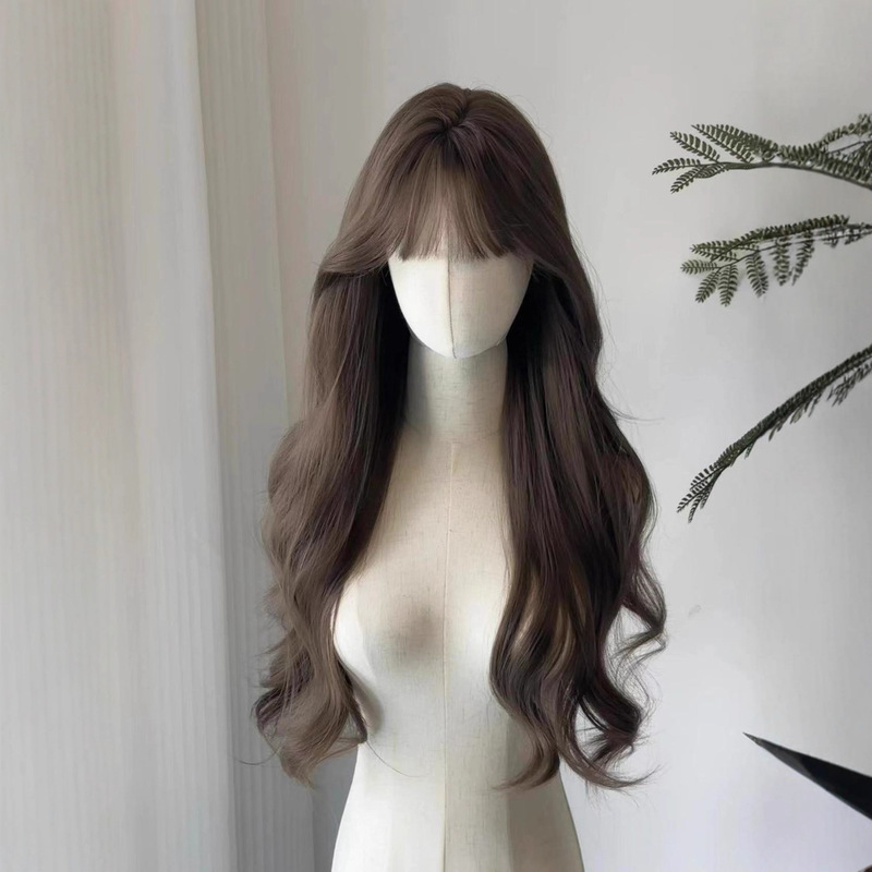 Cross-Border Wig for Women with Long Hair, Middle Parted Bangs, Long Curly Hair, Big Waves, Cold Brown Wig, Full Head Wig for Women