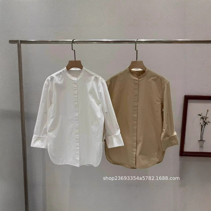 Ed French Stand-Up Collar Pure Cotton Shirt 100% Cotton Long-Staple Cotton Off-Shoulder Loose Three-Quarter Sleeve Side Slit Shirt for Women