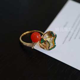 新款天然川料南红戒指通体S925银镀金轻奢气质高级感开口戒生日礼