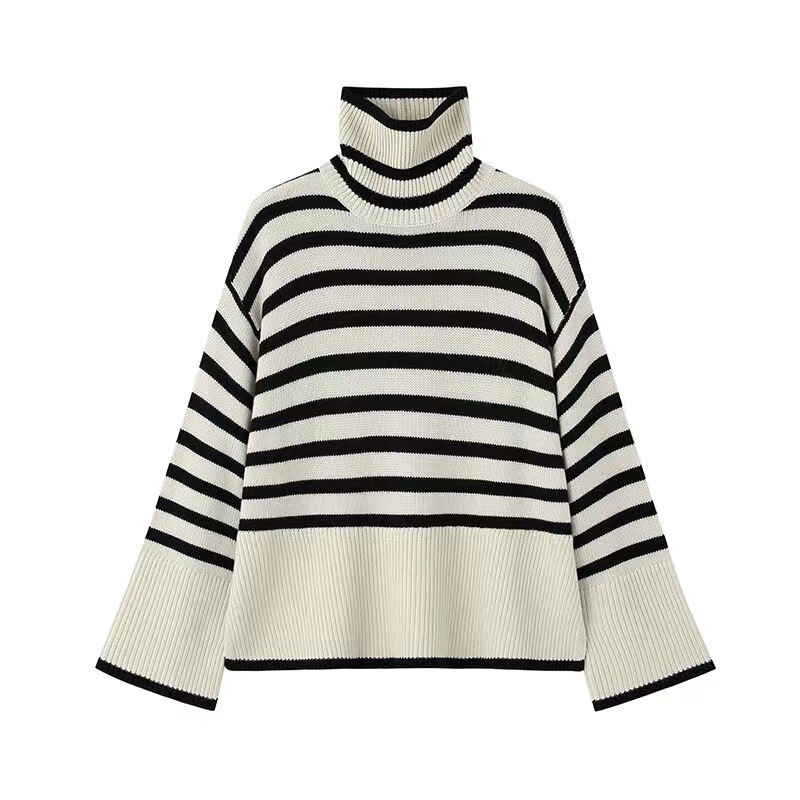 High-Neck Striped Sweater for Women, Autumn/Winter 2026 New Style, Loose and Lazy Style with Side Slit, Korean Version Knitted Long-Sleeve Top