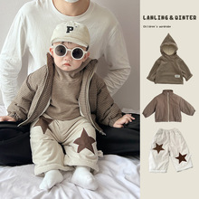 男宝宝冬季套装婴儿衣服韩范小童格子加绒棉服外套卫衣保暖直筒裤