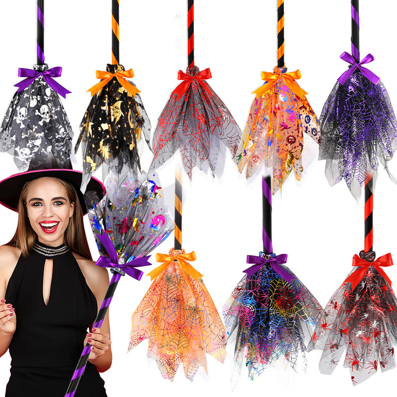 Halloween Led Lights Witch Broom Halloween Party Decoration Props Glowing Mesh Magic Broom Decorations