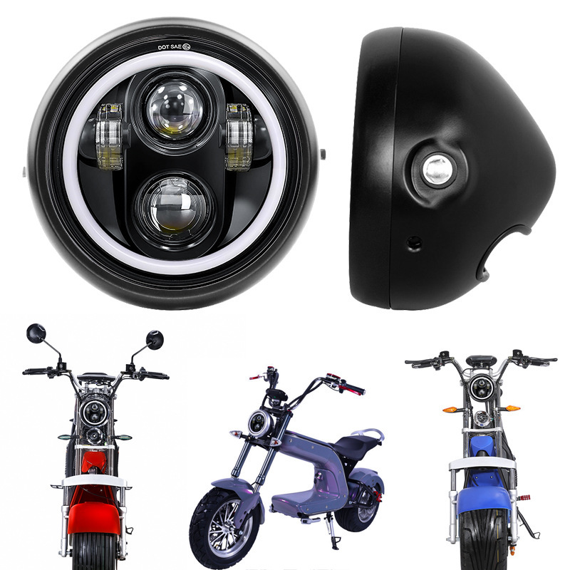 Cross-Border Motorcycle Led Headlight Motorcycle Modified Retro Headlight Angel Eye Headlight Led Metal Headlight