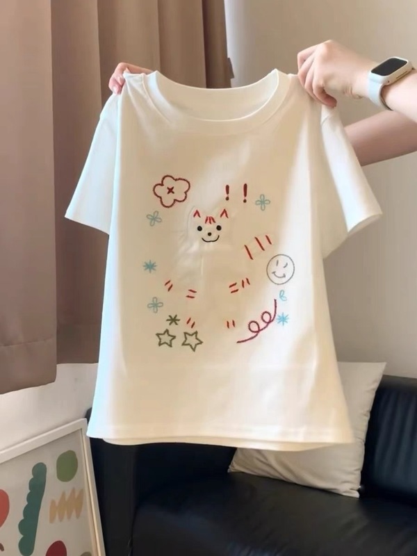 日系卡通猫咪刺绣纯棉短袖t恤女夏2025新款减龄百搭宽松正肩上衣|undefined