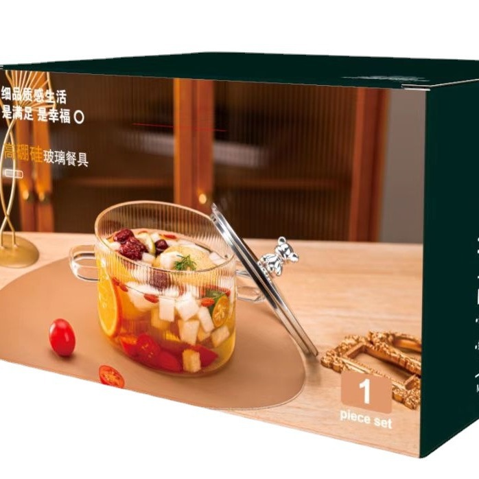 Oso de doble oreja de vidrio olla de leche borosilicato resistente al calor tazón de fideos instantáneos alimentos complementarios olla fuego abierto ensaladera de gran capacidad con tapa