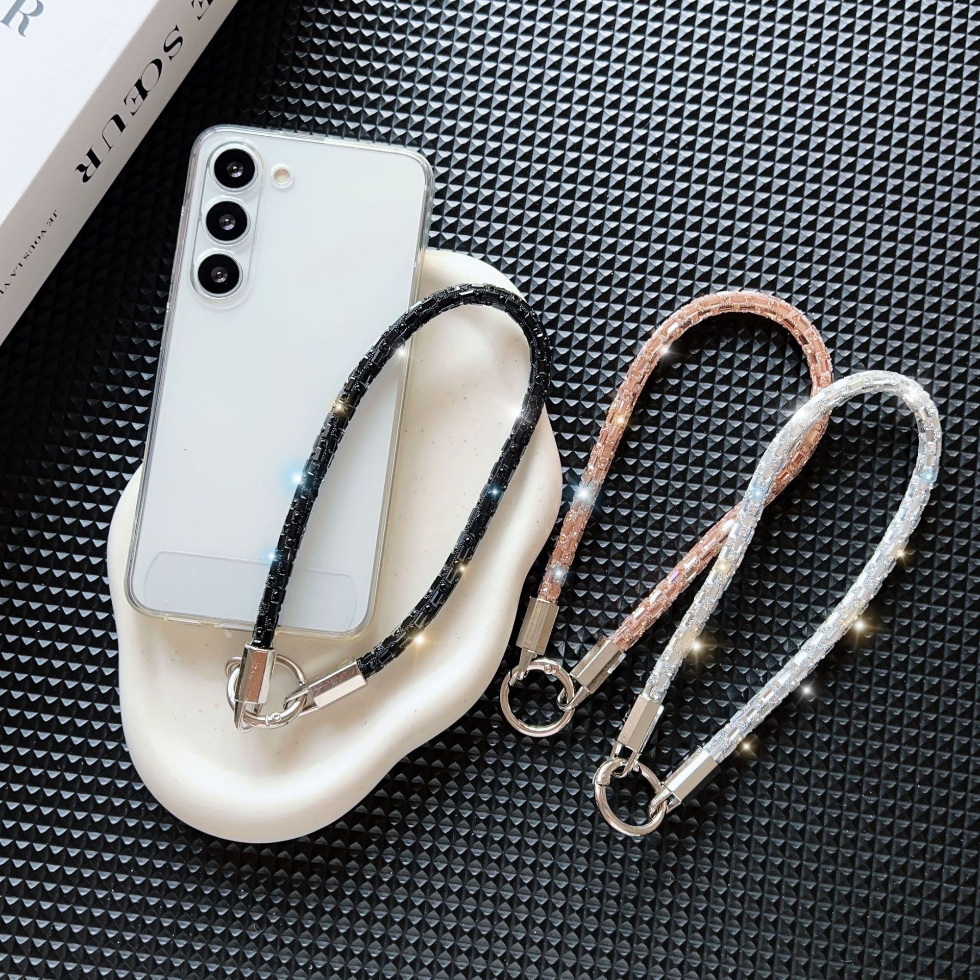 Nuevo cordón de teléfono móvil de cristal cuadrado de lujo de alta gama, cadena de mano de moda anti-pérdida y anti-caída, cuerda corta de muñeca