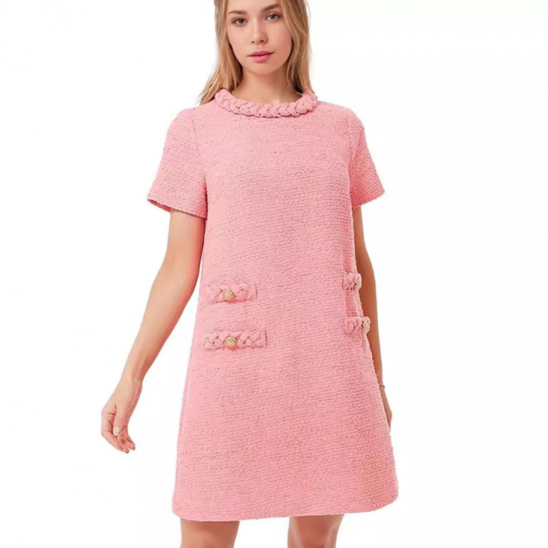 Foreign Trade Cross-Border Chanel-Style Women's Tweed Jacket Dress, Elegant Round Neck, Short Sleeves, Button-Up, Slim Fit