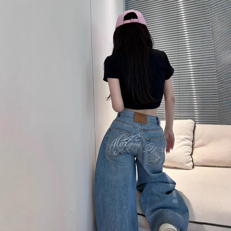 Correct Version King 25ss Back Hot Drilling Straight Tube Split Line Machete Jeans Hot Girl Street Style Pants Women