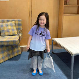 夏季清爽洋气撞色百搭短袖T恤大童女装夏装圆领宽松纯棉韩版童装