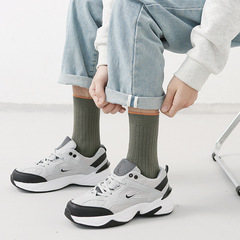 Autumn and winter new men's socks, solid color double-needle vertical striped cotton socks, casual sweat-absorbent and breathable men's mid-calf socks wholesale