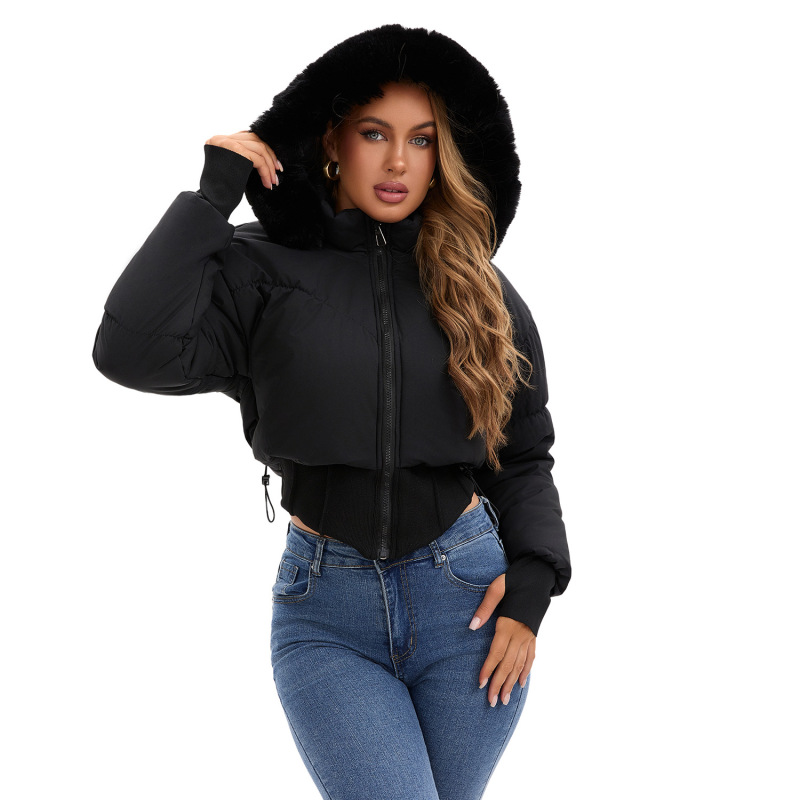 European and American Style Large Fur Collar Hooded Short Cotton Jacket for Women, Autumn and Winter New Thickened Warm Cotton Coat with Waist-Cinching Design European and American Style Large Fur Collar Hooded Short Cotton Jacket for Women, Autumn and Winter New Thickened Warm Cotton Coat with Waist-Cinching Design