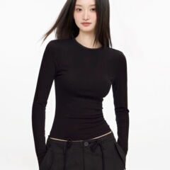 圆领修身显瘦长袖T恤女百搭2025新款韩版辣妹穿搭打底上衣女潮流