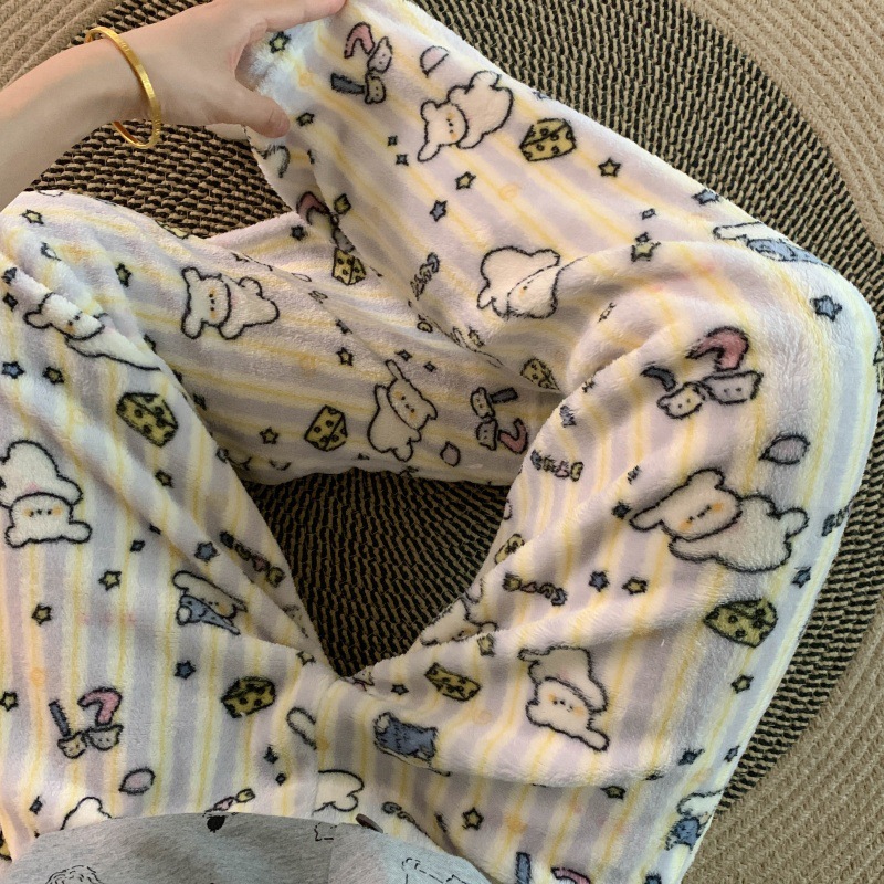 Pantalones de pijama de franela de dibujos animados de otoño y invierno para mujeres con pantalones de lana de coral caliente para estudiantes de lana de invierno para el hogar