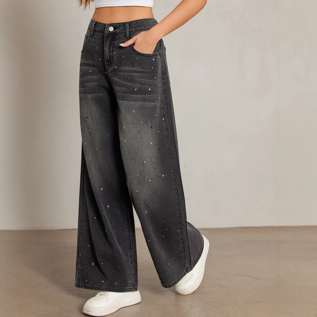 Calça jeans feminina casual de perna reta, confortável e folgada, com strass, estilo europeu-americano, moderna, brilhante e versátil._voghion.com