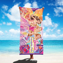 跨境卡通女孩芭比沙滩浴巾外贸barbie公主芭比3d印花涤纶沙滩毛巾