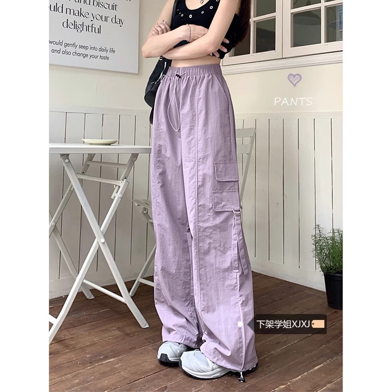 American-Style Purple Quick-Dry Cargo Pants for Women, Summer Thin Drawstring Elastic Waist Slimming Straight Loose Jogger Sweatpants