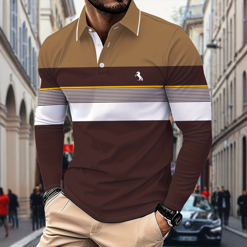 Men's Long-Sleeved Polo Shirt in Navy Blue with Shoulder Patchwork, Star and Rugby Letter Print, American Retro Style for Sports and Daily Commuting Men's Long-Sleeved Polo Shirt in Navy Blue with Shoulder Patchwork, Star and Rugby Letter Print, American Retro Style for Sports and Daily Commuting
