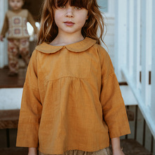 春秋新款森系娃娃领上衣可爱棉麻女宝宝童装腰间压褶纯色长袖衬衣